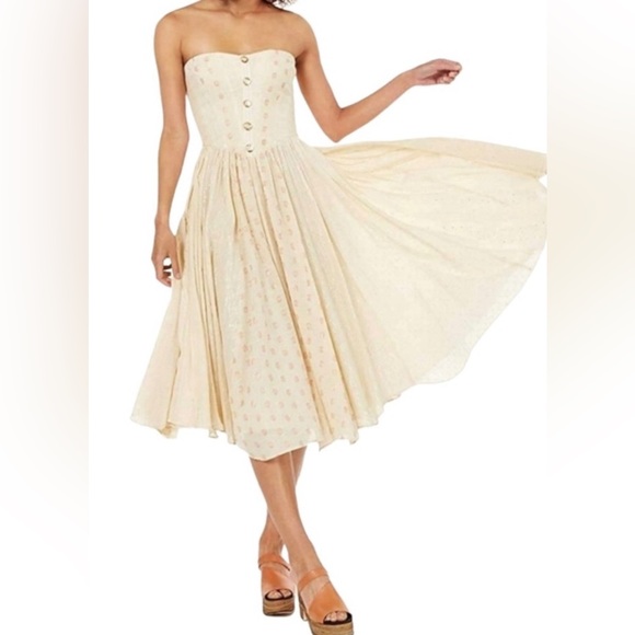 Free People AMANDA METALLIC LUREX STRIPE Strapless Cotton DRESS (M) in cream - Picture 3 of 12
